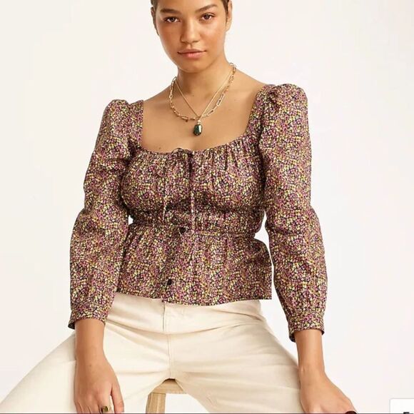 J. Crew Square Neck Cinched-Waist Organic Cotton Top in Liberty Fabric Size 6 - Picture 1 of 11
